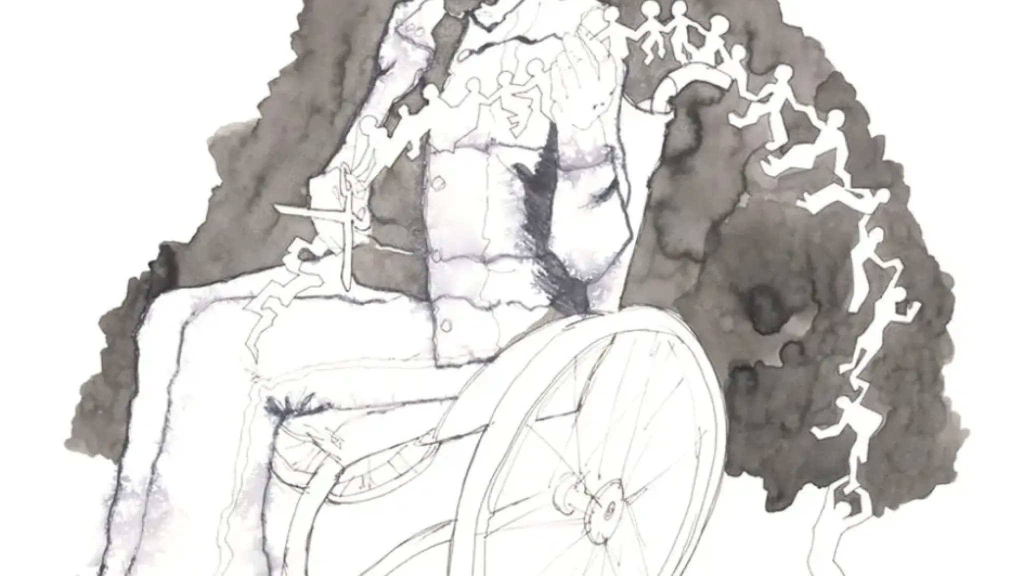 Zwart-witte tekening van een persoon in een rolstoel die een slinger van uitgesneden papieren poppetjes vasthoudt, met een donkere achtergrond. De papieren figuren vormen een boog om de persoon heen.