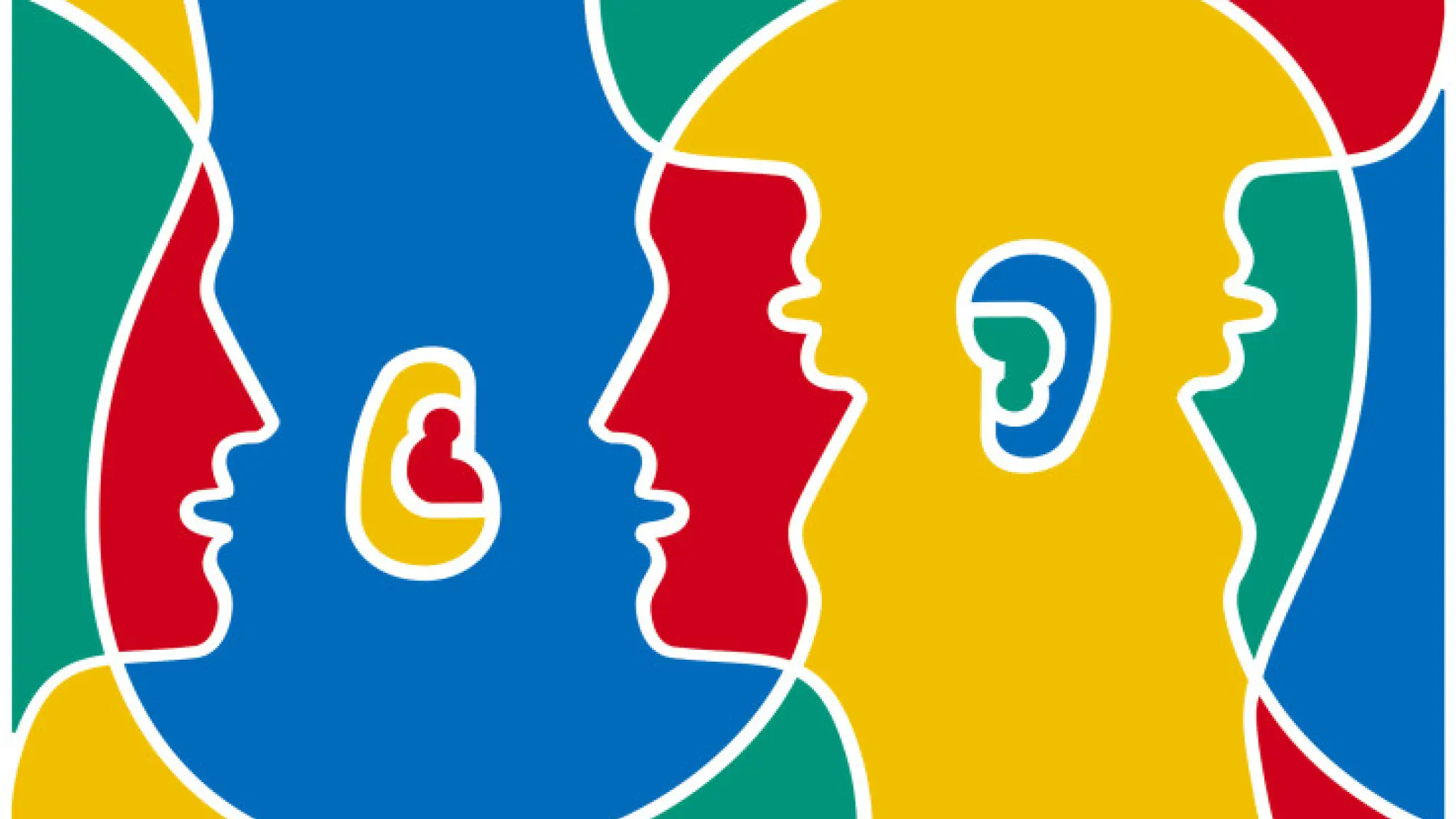 Illustratie van twee vier gezichten die elkaar overlappen. De overlappende tukken zijn steeds in andere kleuren weergegeven.