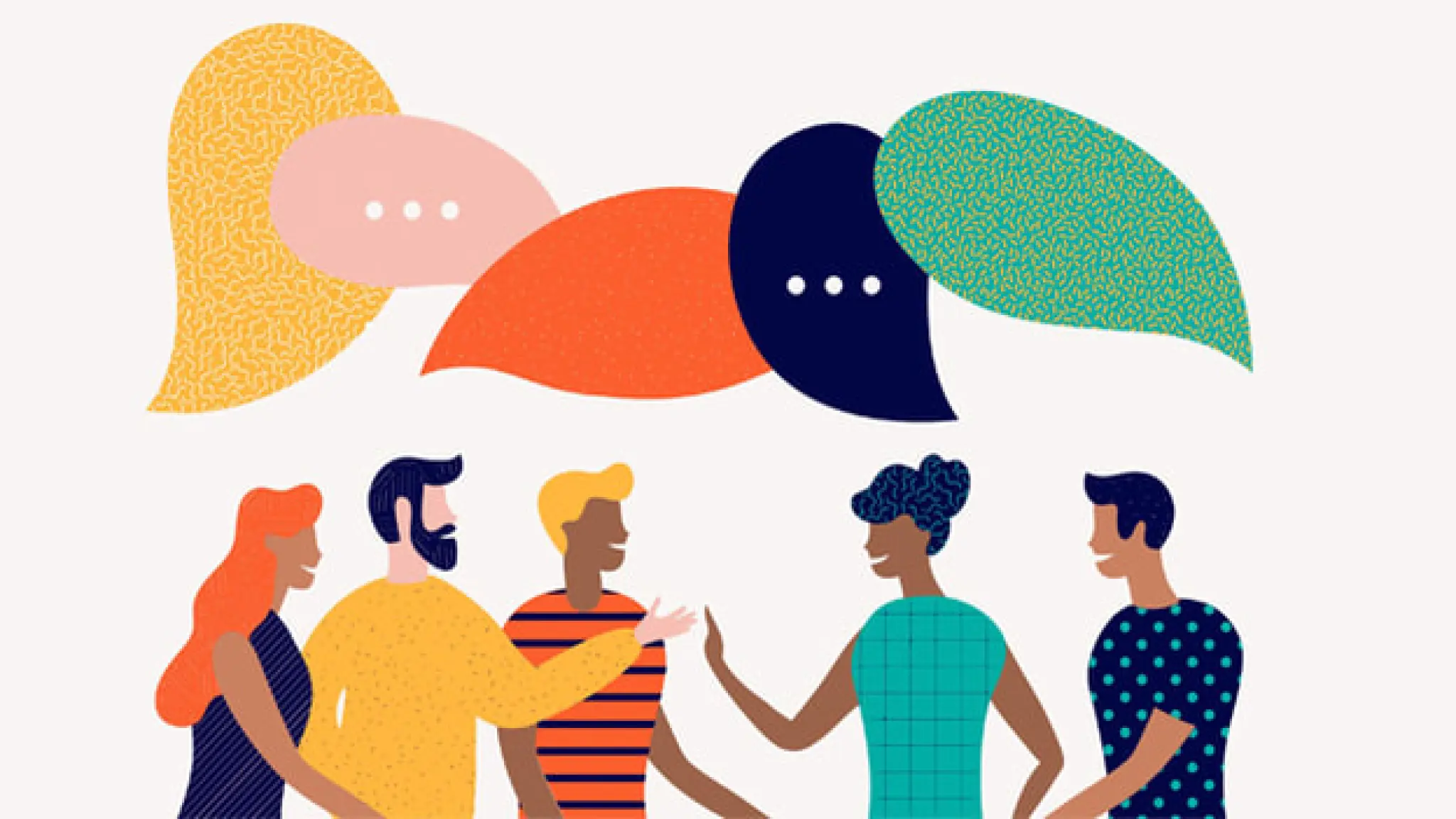 Illustratie van vijf personen met verschillende huidskleuren die met elkaar praten. Boven hen zijn tekstwolkjes getekend in verschillende kleuren en patronen.