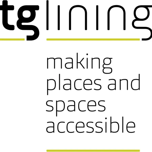 Logo TG Lining met daaronder een goudgekleurde streep en de tekst 'making places and spaces accessible'.