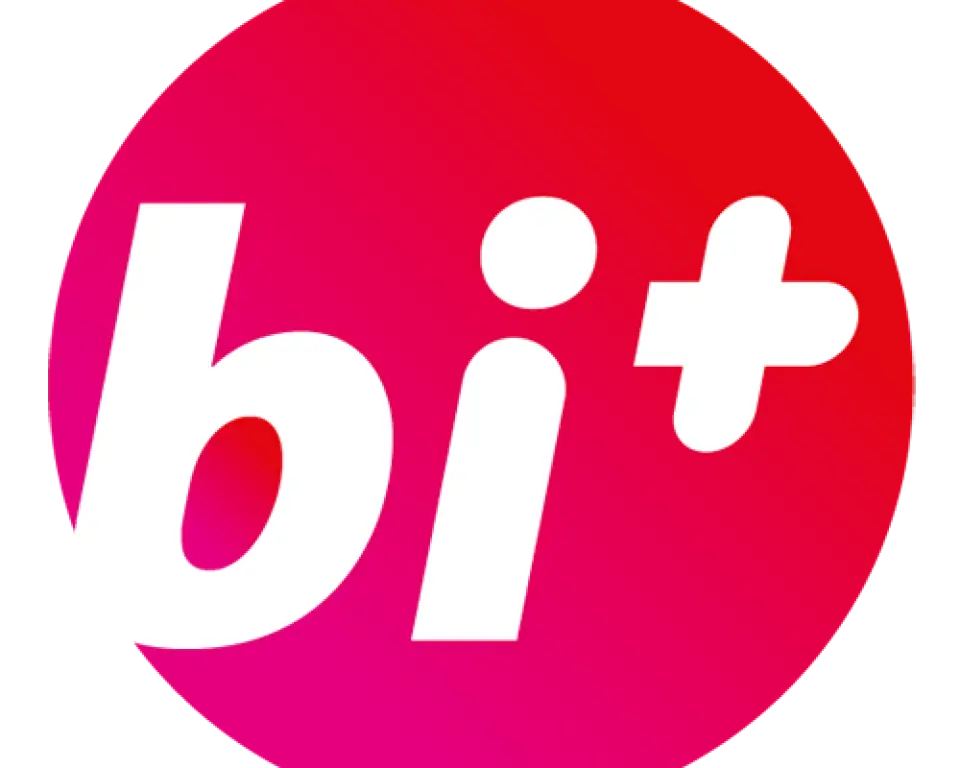 Logo Bi+ bestaande uit een rode cirkel met in witte letters bi+