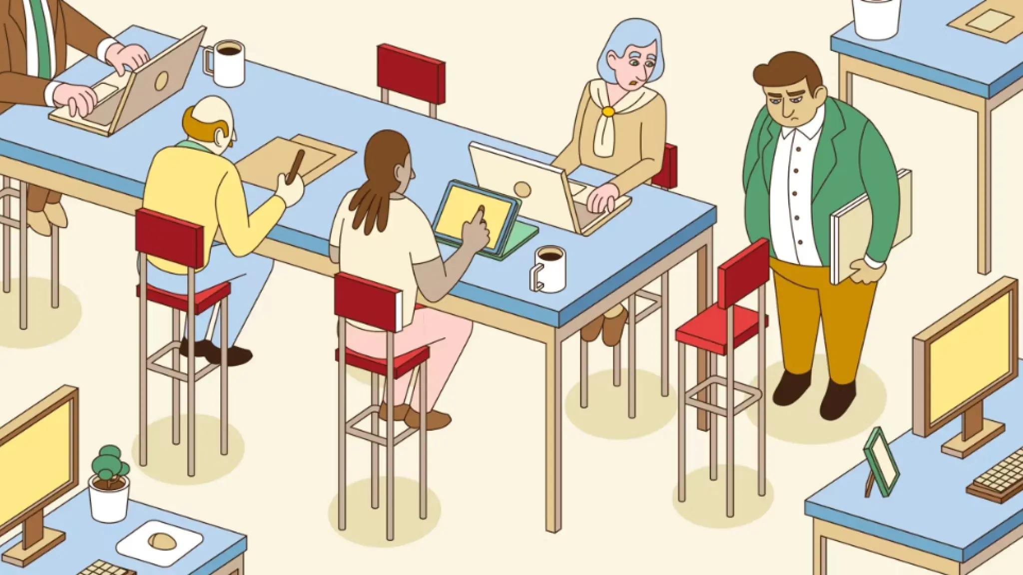 Illustratie van een kantoorruimte met vier mensen die aan een tafel werken op laptops en tablets, en één persoon die staat met een map in zijn hand, omringd door bureaus en rode stoelen.