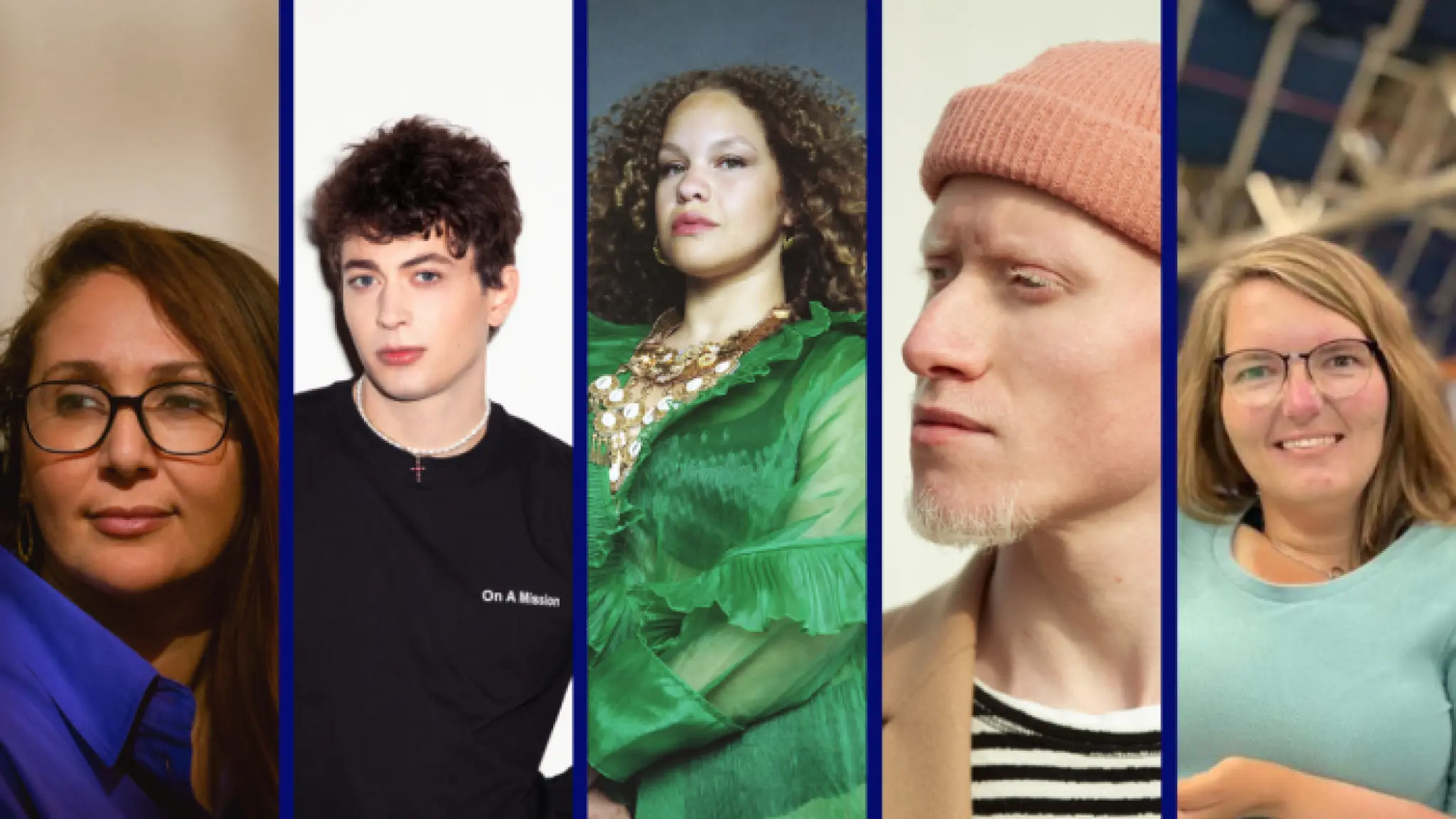 Collage van de juryleden &Awards 2022. Van links naar rechts: Chafina Bendahman, Char Li Chung (fotograaf: Linda Stulic), Guinevere Ras (fotograaf: Leroy Sankes), Khalid Amakran, Karin van Dijk.