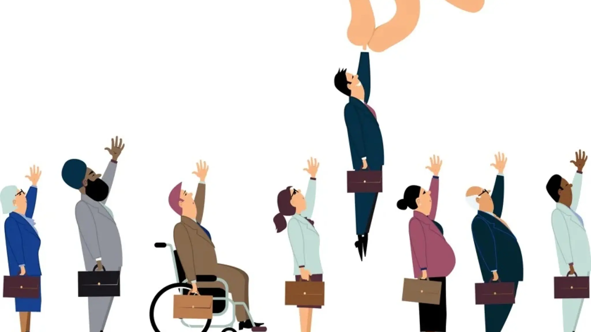 Illustratie van diverse sollicitanten die hun hand opsteken; een grote hand kiest één persoon uit de rij en tilt deze omhoog.