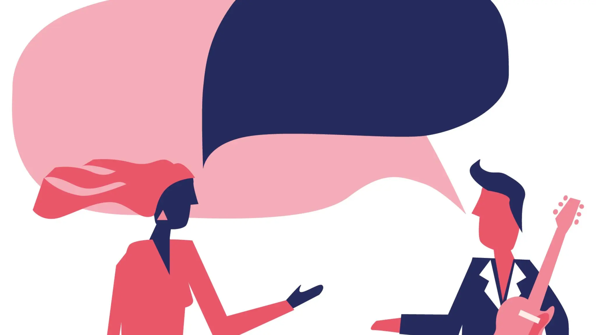Gestileerde illustratie van twee personen die met elkaar in gesprek zijn. Tussen hen staan twee grote, overlappende tekstballonnen, wat een dialoog symboliseert. De persoon links maakt een uitnodigend handgebaar, terwijl de persoon rechts een gitaar vasthoudt.