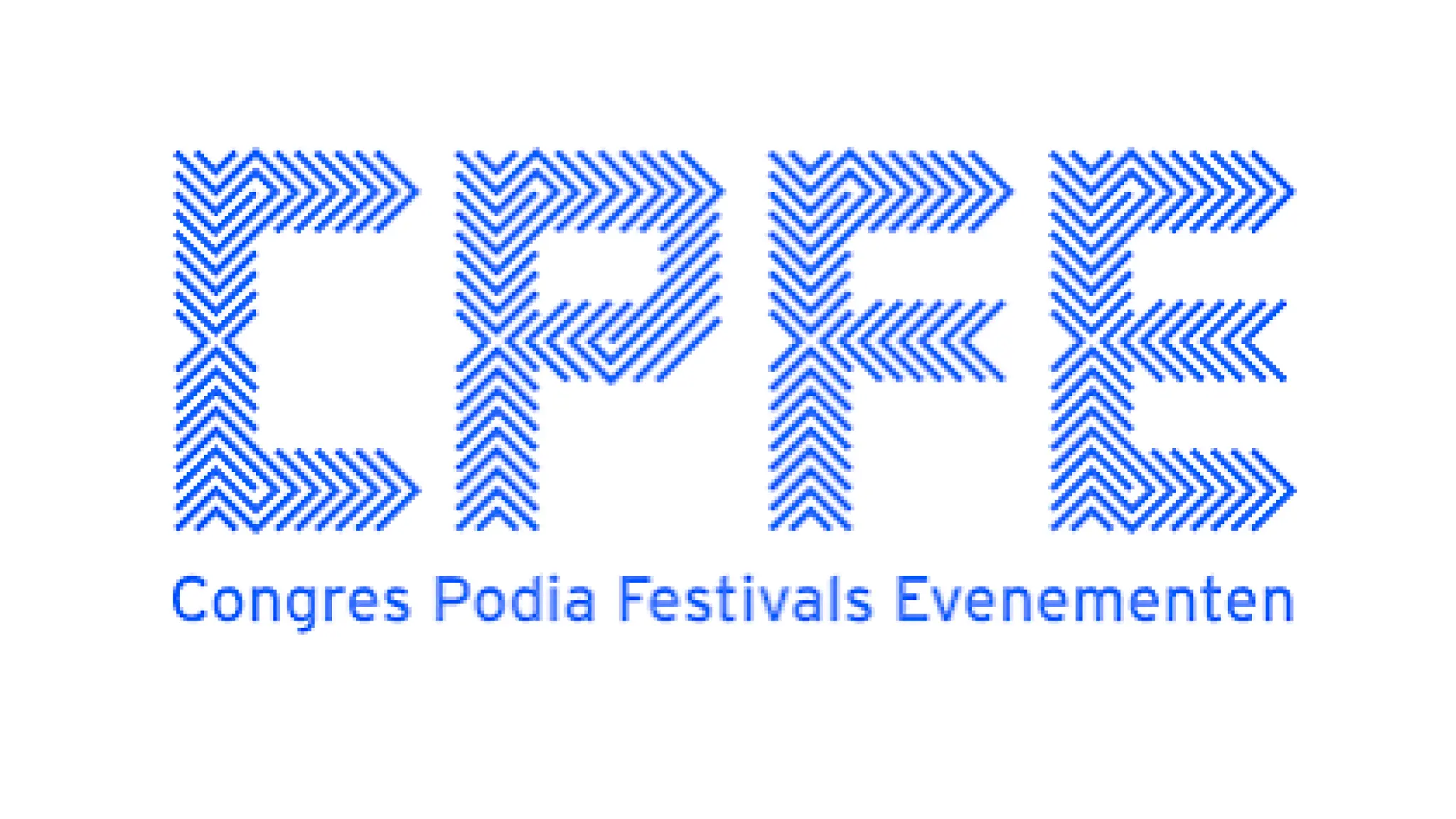 Kleine blauwe streepjes vormen samen de letters CPFE. Eronder staat in kleine blauwe letters Congres Podia Festivals Evenementen.