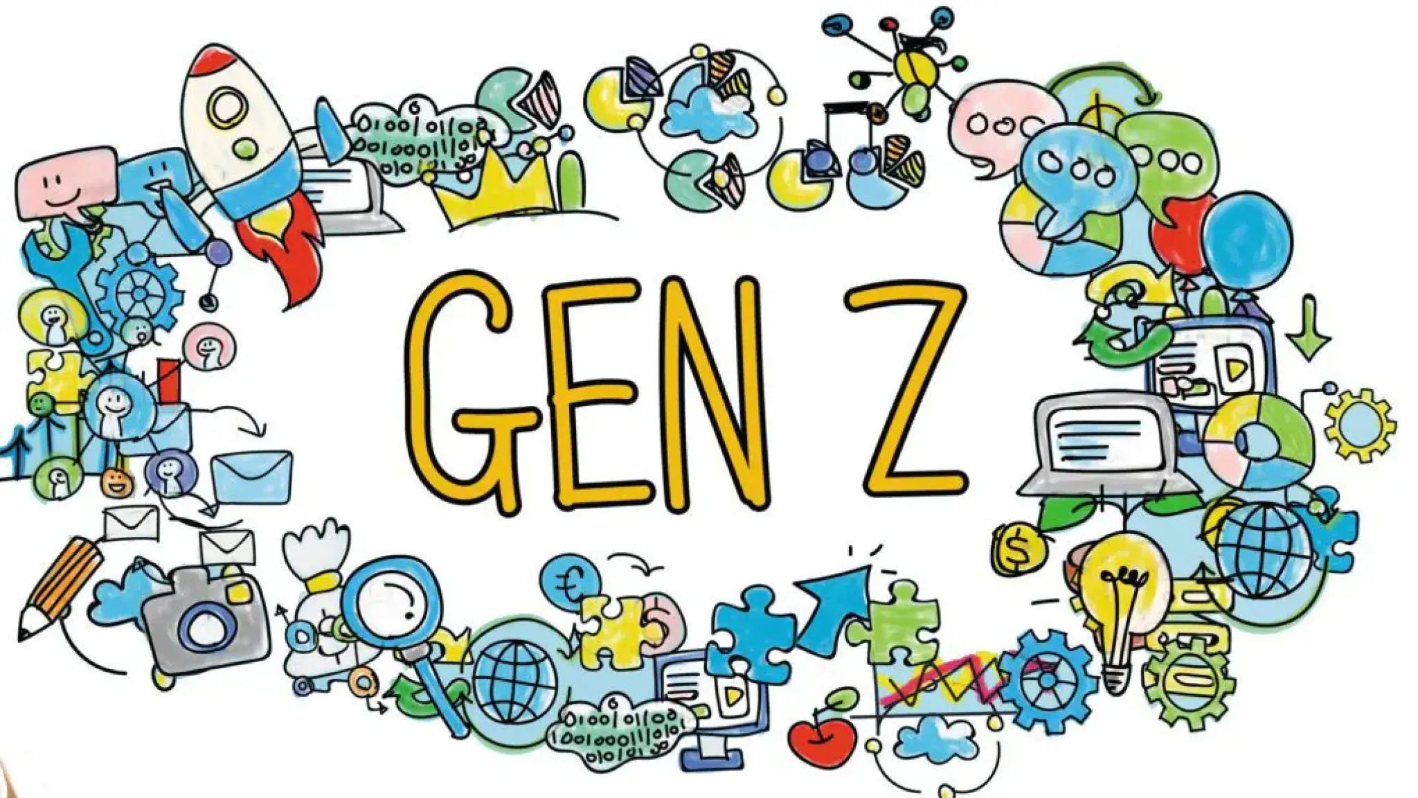 De woorden "GEN Z" staan groot in het midden, omringd door kleurrijke tekeningen van technologie, wetenschap, sociale media, communicatie, spel en creatieve symbolen zoals een raket, puzzelstukjes, computers, tandwielen en wereldbollen.