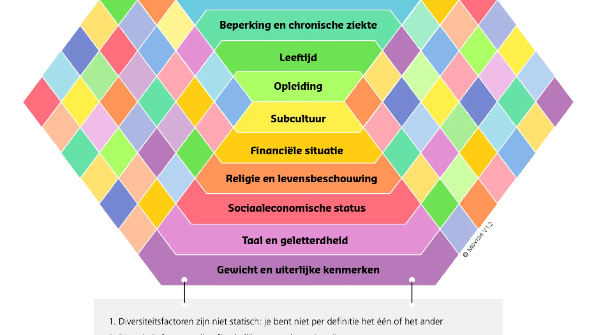 Kleurrijk diagram met twaalf diversiteitsfactoren, waaronder afkomst en huidskleur, gender, leeftijd, opleiding, sociaaleconomische status, taal en uiterlijk. Onderaan staat een toelichting over de dynamische en contextafhankelijke aard van diversiteit.