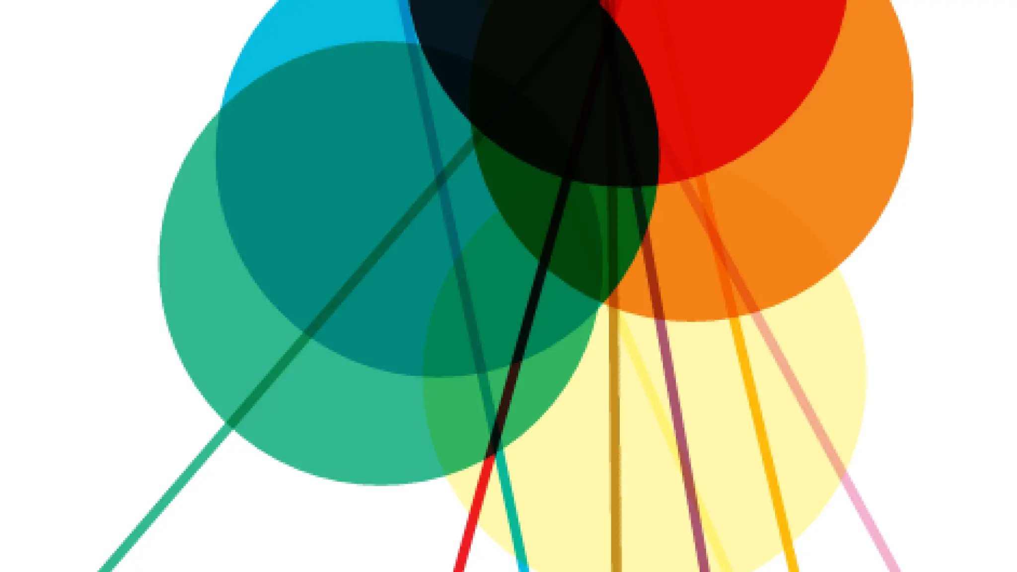 Zes transparante cirkels in verschillende kleuren overlappen elkaar, met kleurrijke, diagonale lijnen die door en langs de cirkels lopen op een witte achtergrond.