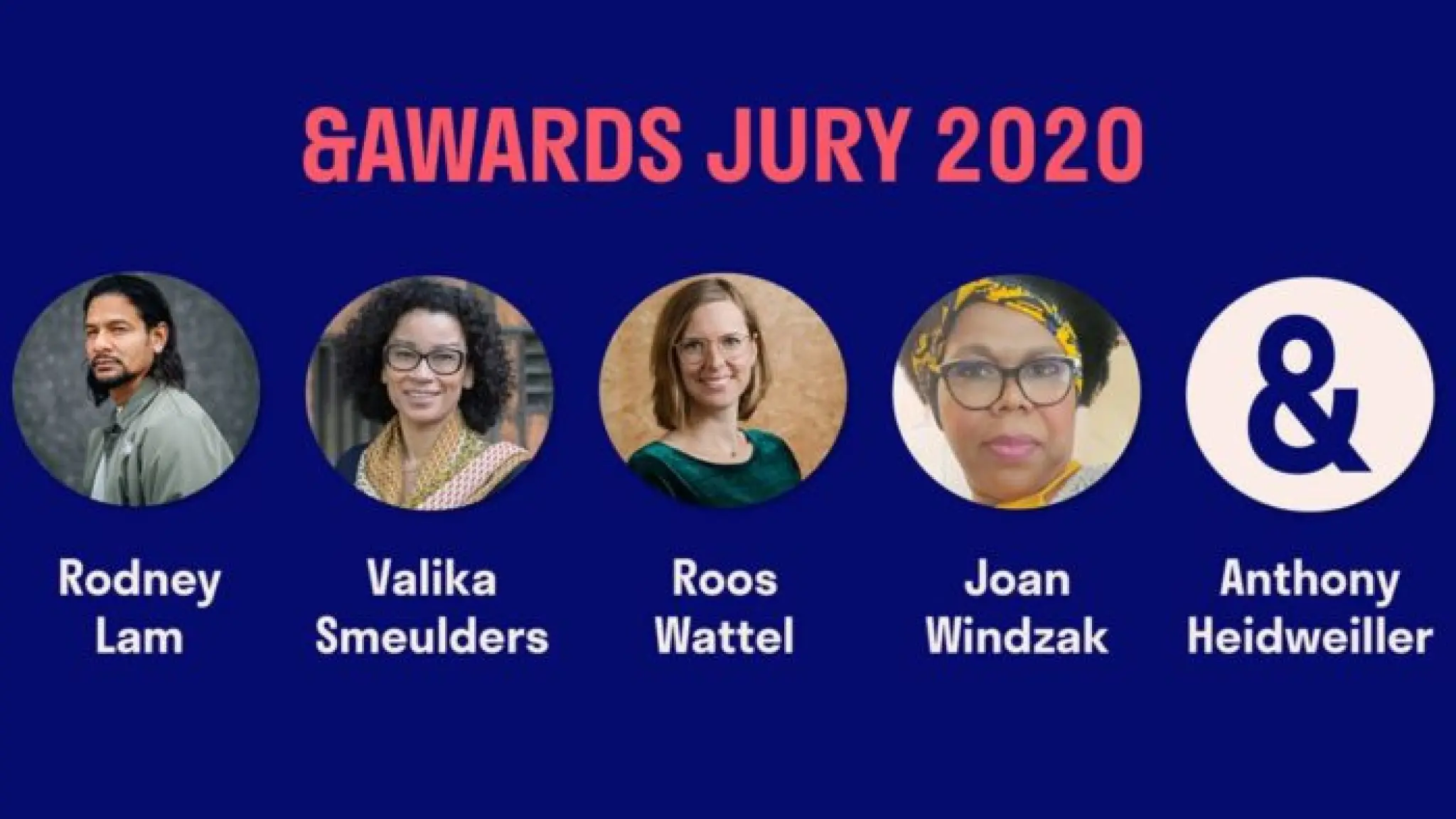 Overzicht van de juryleden van de &awards 2020. Van de juryleden wordt hun naam en een foto weergegeven.