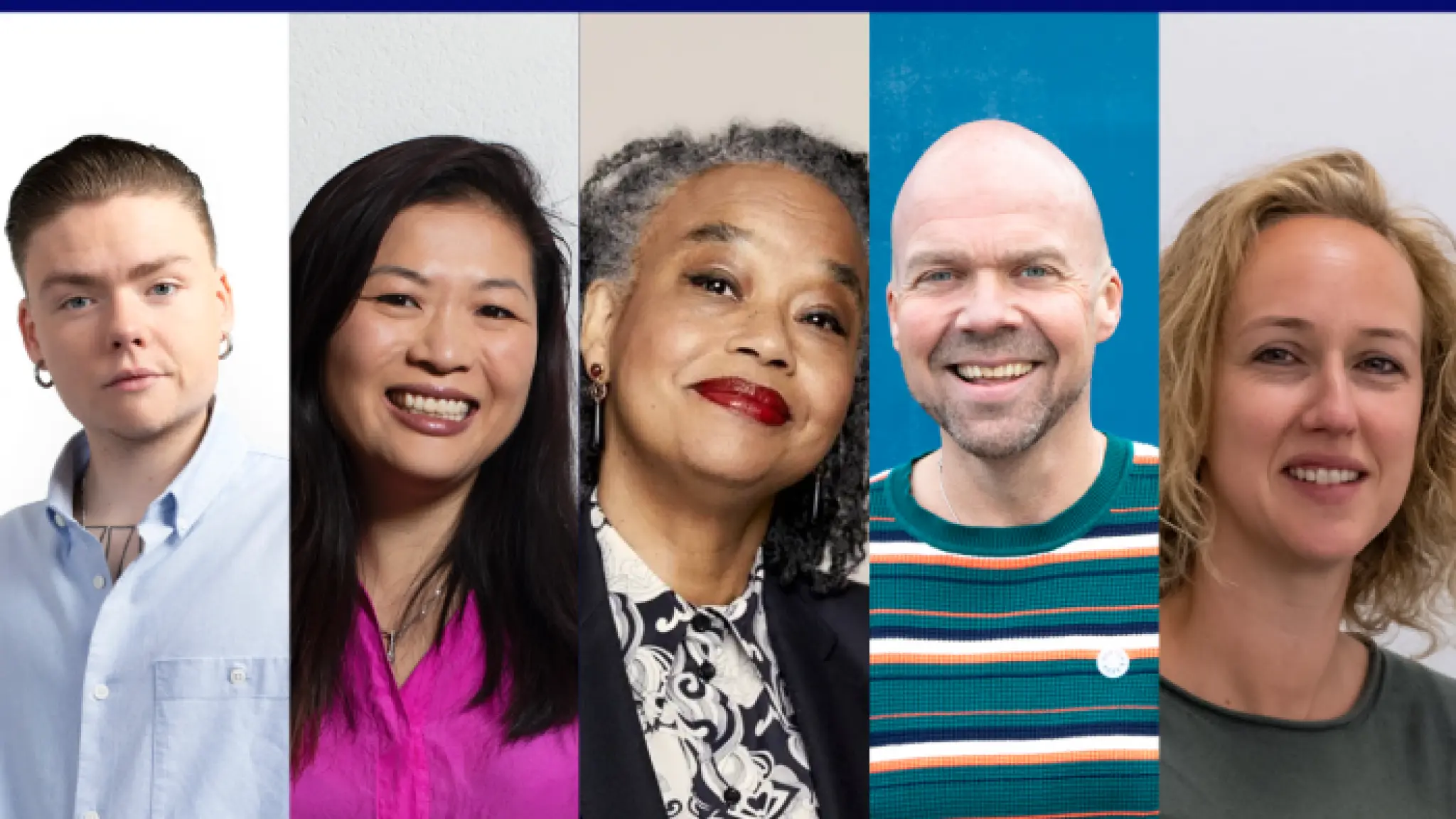 Compilatie van de juryleden van de &Awards 2021 met van links naar rechts Julius Thissen, Hui-Hui Pan, Ernestine Comvalius, Andre Heuvelman en Marlien Seinstra