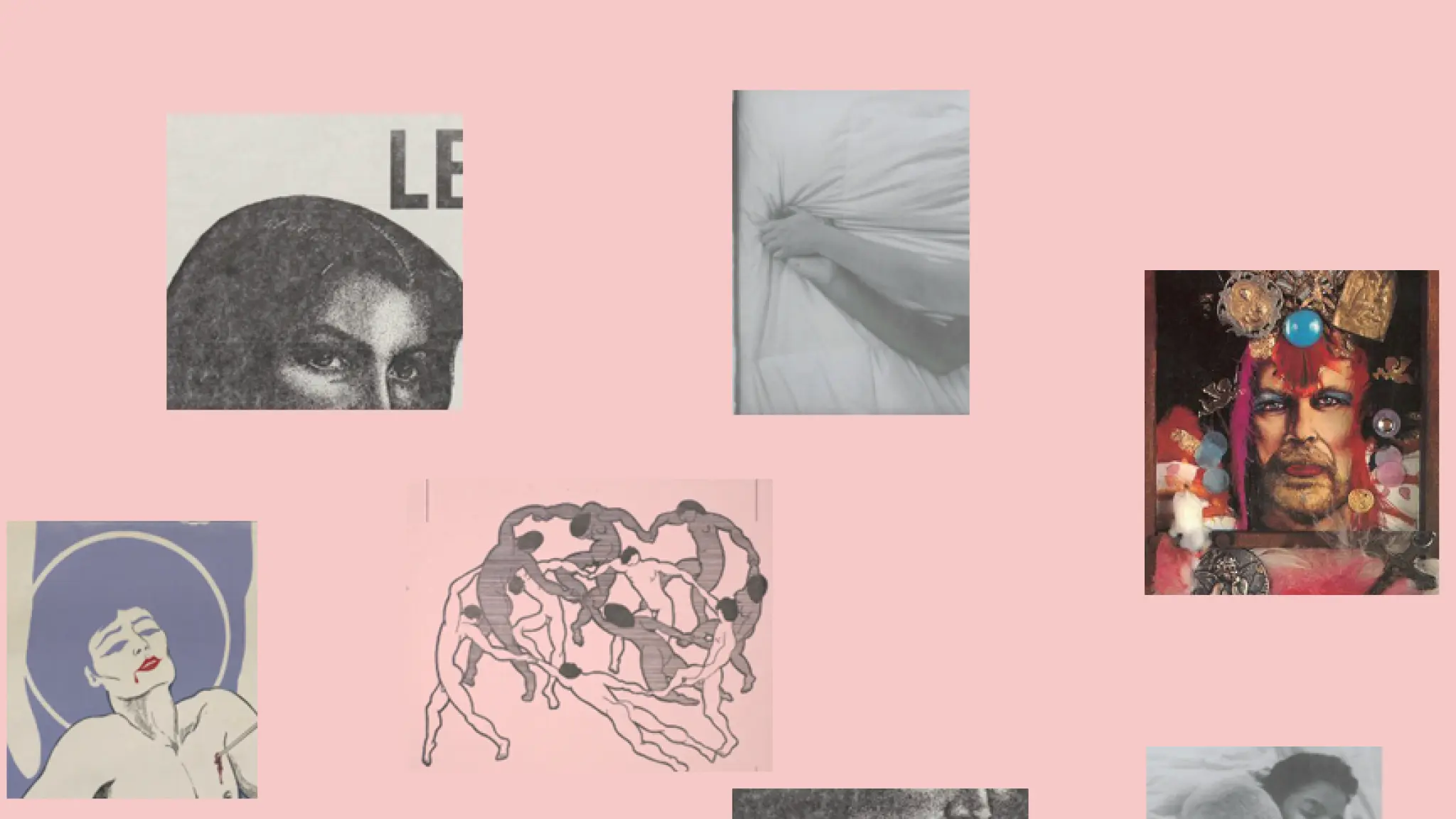 Roze achtergrond met grote zwarte letters bovenaan waarop "BASELINE" staat. Verspreid over de afbeelding zijn acht kunstzinnige illustraties en foto's te zien, waaronder portretten, abstracte tekeningen en een collage.