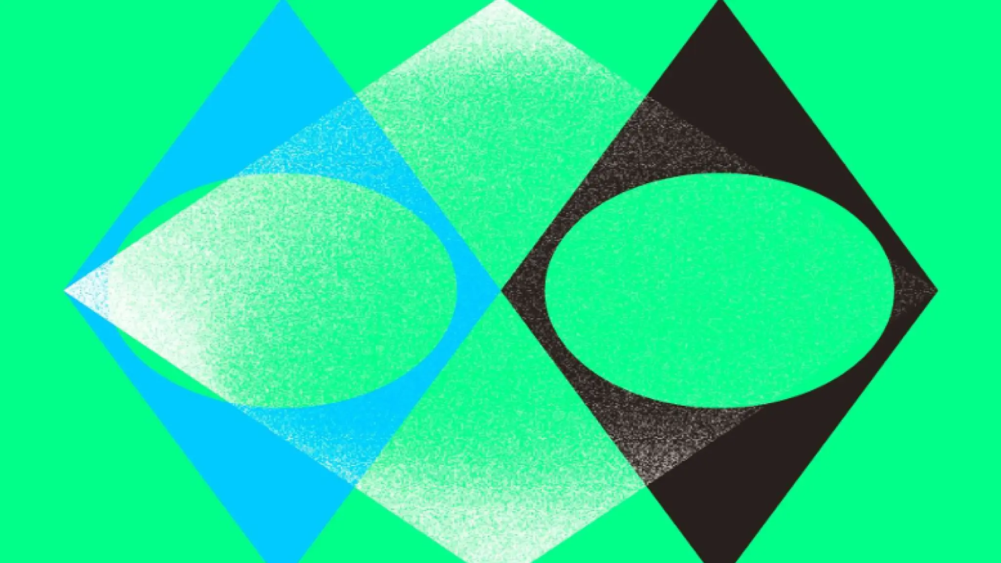 Twee ovale vormen staan centraal in de afbeelding, omlijst door overlappende, transparante ruiten; één ruit is blauw en de andere zwart, tegen een felgroene achtergrond.