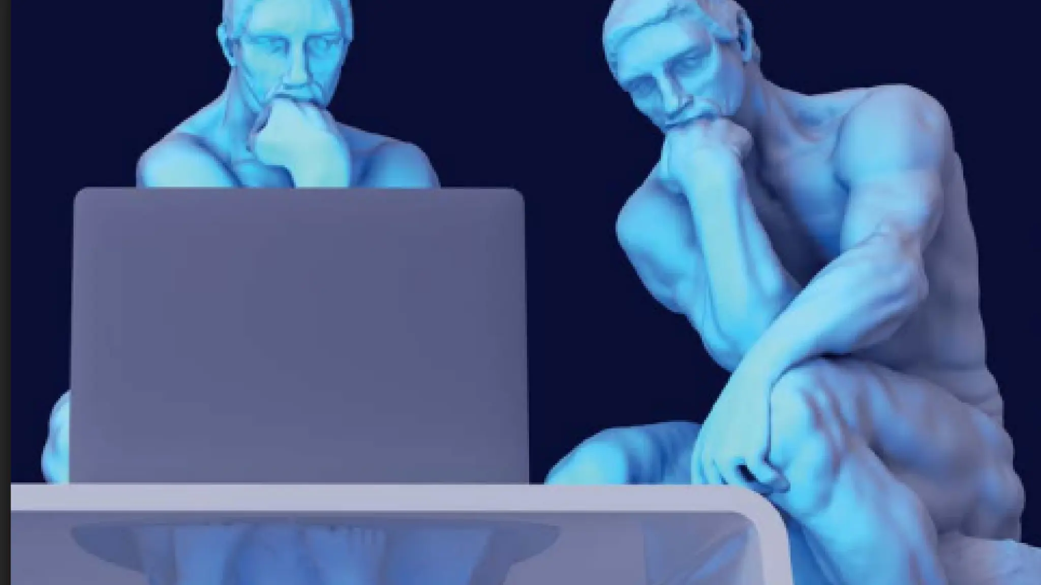 Illustratie van twee klassieke, blauwgekleurde denkers die samen naar een laptop kijken. De figuren zitten aan een tafel en lijken geconcentreerd na te denken over wat op het scherm te zien is. De afbeelding verwijst naar digitale toegang, kennisdeling en deelname aan cultuur in een online omgeving.