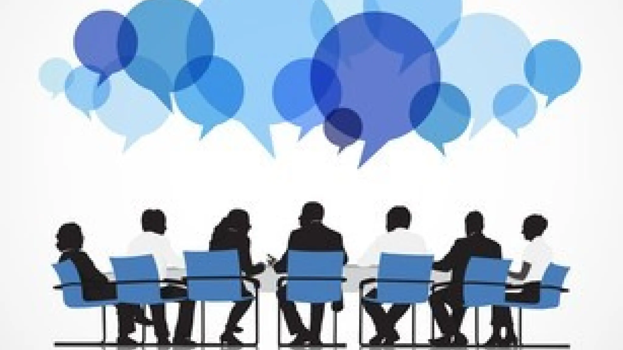 Illustratie van acht mensen die deelnemen aan een vergadering. De deelnemers zitten rond een tafel op blauwe stoelen, terwijl boven hen een verzameling overlappende blauwe tekstballonnen zichtbaar is. De afbeelding verbeeldt dialoog, participatie, diversiteit van stemmen en gezamenlijke besluitvorming.