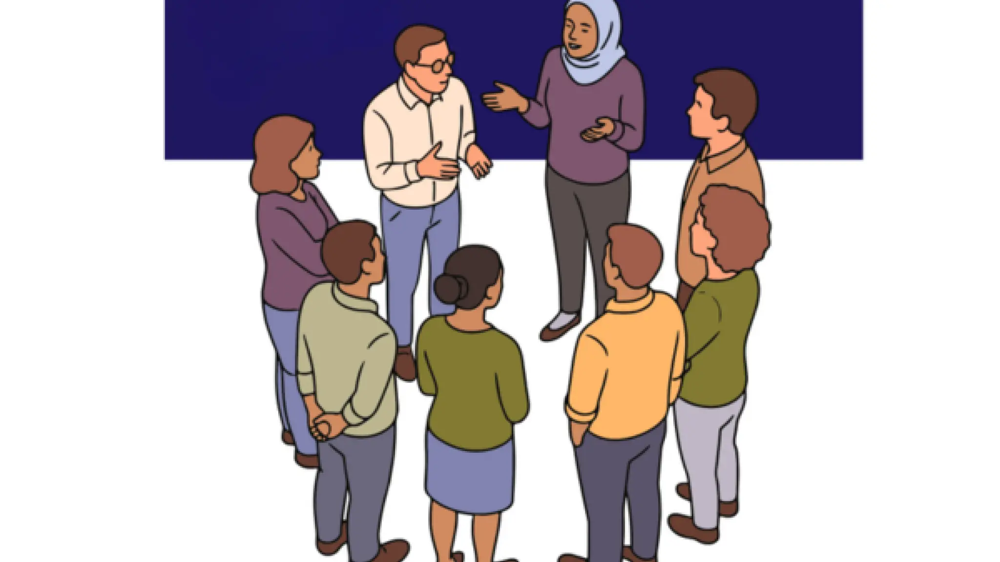 Illustratie van een groep van acht mensen die in een kring met elkaar in gesprek zijn. Een vrouw met een hoofddoek en een man met een bril lijken het gesprek te leiden, terwijl de anderen aandachtig luisteren en deelnemen. De groep bestaat uit mensen met verschillende uiterlijke kenmerken en kledingstijlen. Op de achtergrond staat een groot donkerblauw vlak.
