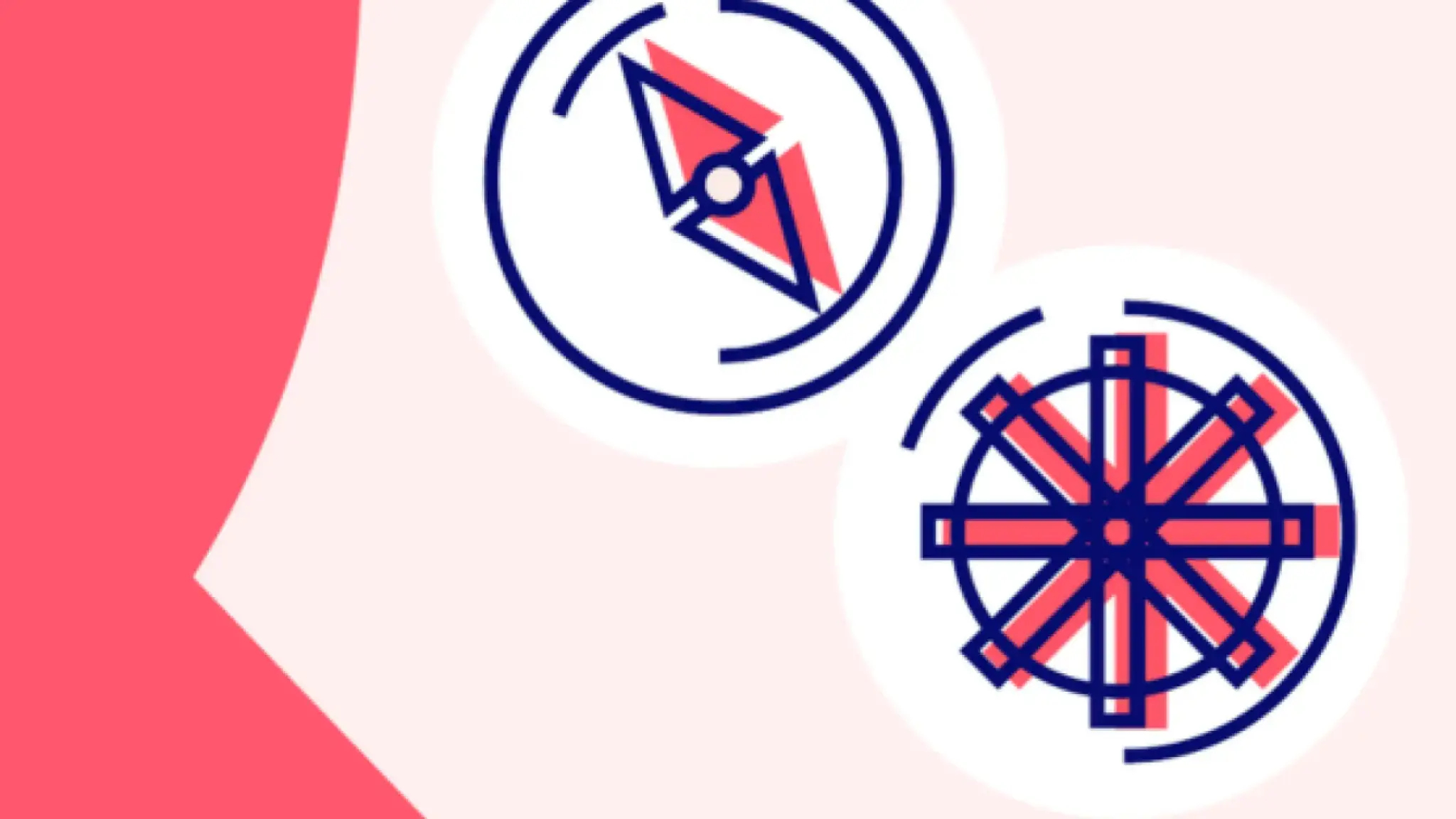 Twee gestileerde iconen, één van een kompas en één van een scheepsstuur, in rood en donkerblauw op een lichte achtergrond met een roze vorm aan de zijkant.