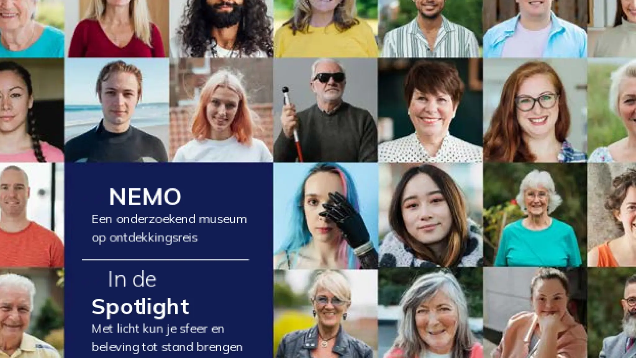 Collage van diverse mensen van verschillende leeftijden, achtergronden en stijlen, met in het midden een donkerblauw vlak met tekst over museumexposities en tips, bovenaan de titel "IN:museum" en uitgave-informatie.