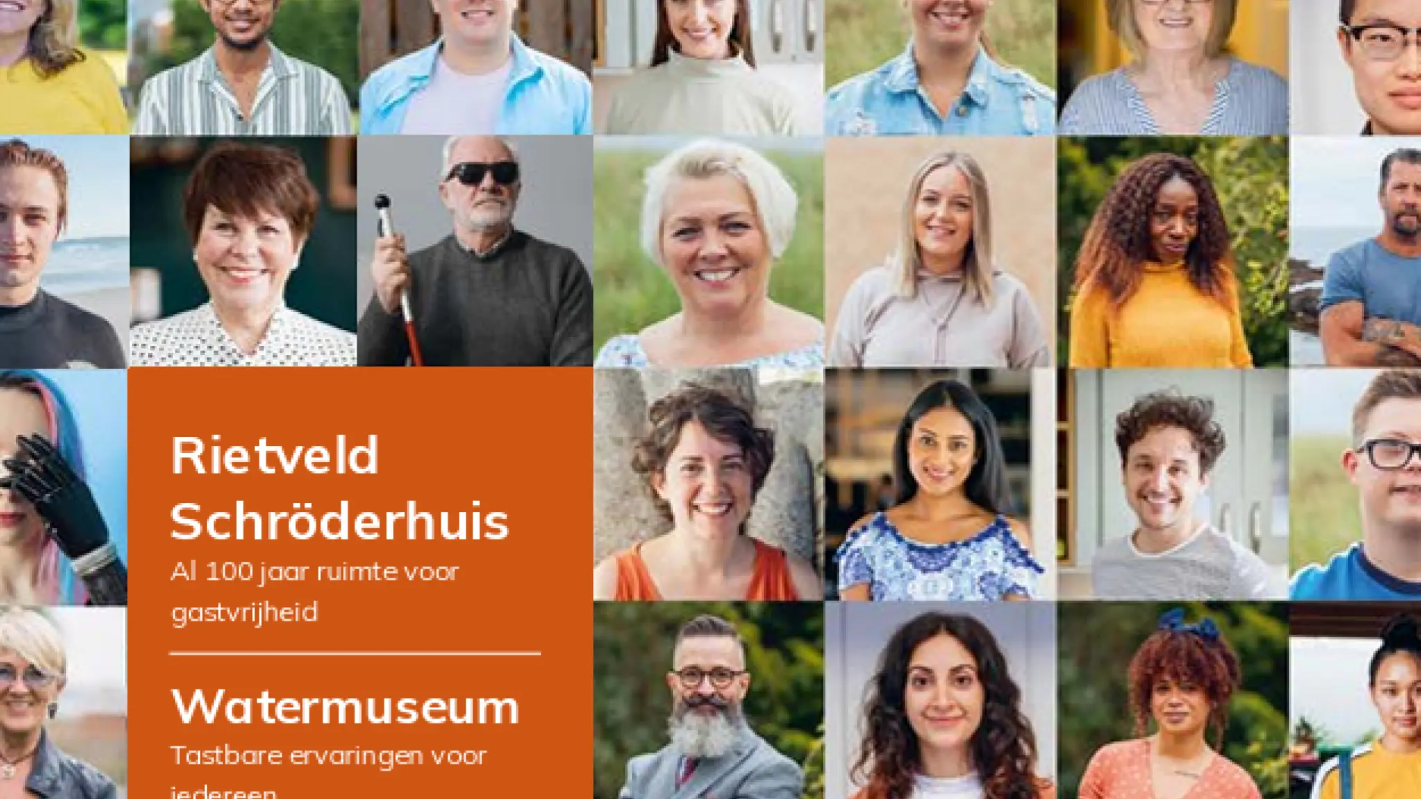 Collage van diverse mensen die lachen en in de camera kijken, met links een oranje tekstvlak met onderwerpen over gastvrijheid in musea, waaronder het Rietveld Schröderhuis, Watermuseum en MUZIEUM. Bovenaan staat de titel "IN:museum" en de vermelding "Editie 2 - september 2023 gastvrijheid".