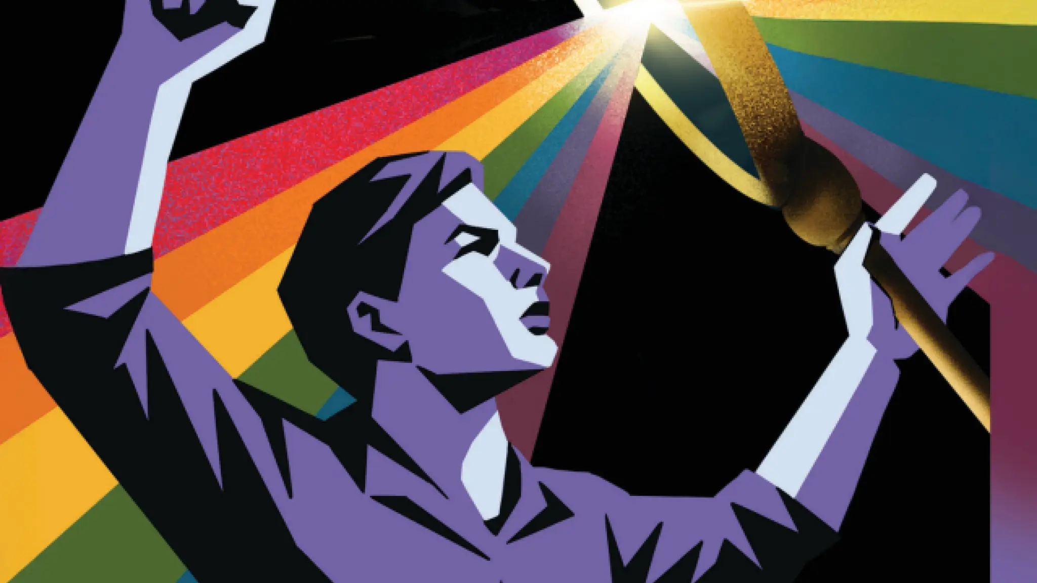 Illustratie van een persoon die krachtig een vuist in de lucht steekt en een fakkel vasthoudt. Vanuit de fakkel schijnen regenboogkleuren over de afbeelding, een verwijzing naar de LHBTI+-gemeenschap. De afbeelding straalt zichtbaarheid, trots en empowerment uit.