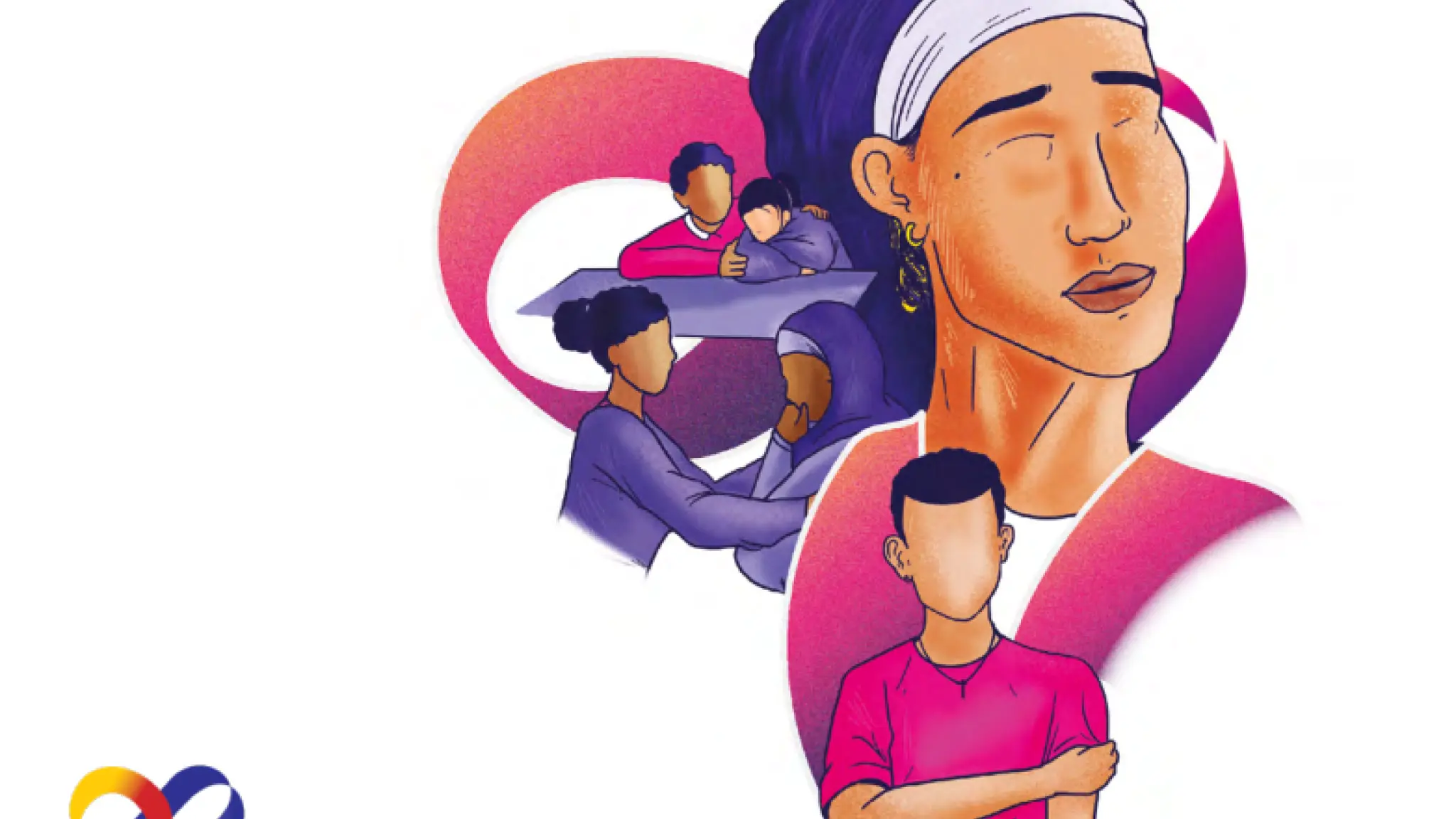 Illustratie van diverse mensen in roze, paarse en oranje tinten. De afgebeelde personen zijn met elkaar in gesprek of bieden elkaar steun, wat verbinding en inclusie symboliseert. Linksonder staat het logo van de Alliantie Verandering van Binnenuit.