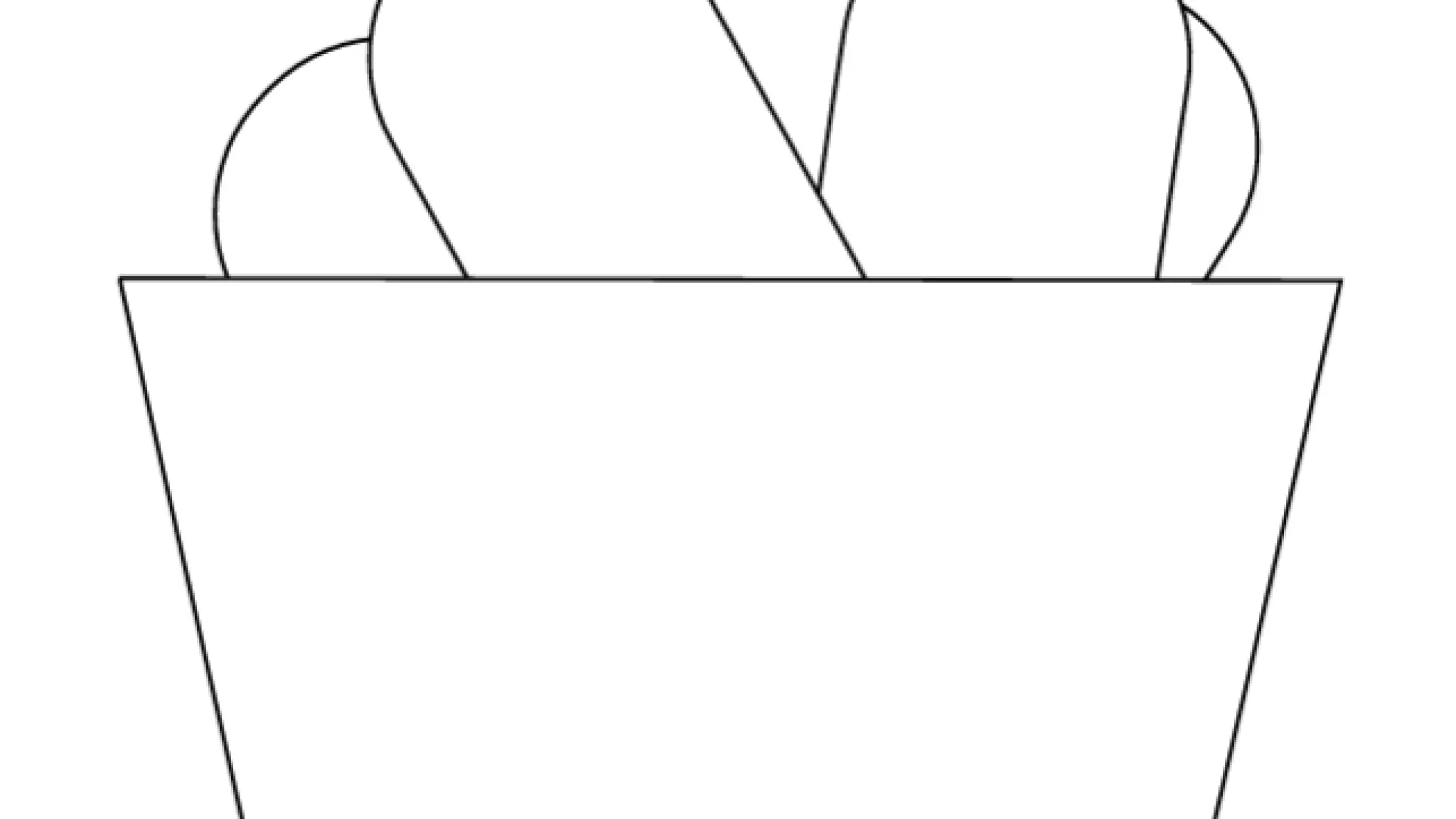 Zwart-witte lijntekening van een bakje met friet, met vijf ronde frieten die uit het bakje steken.