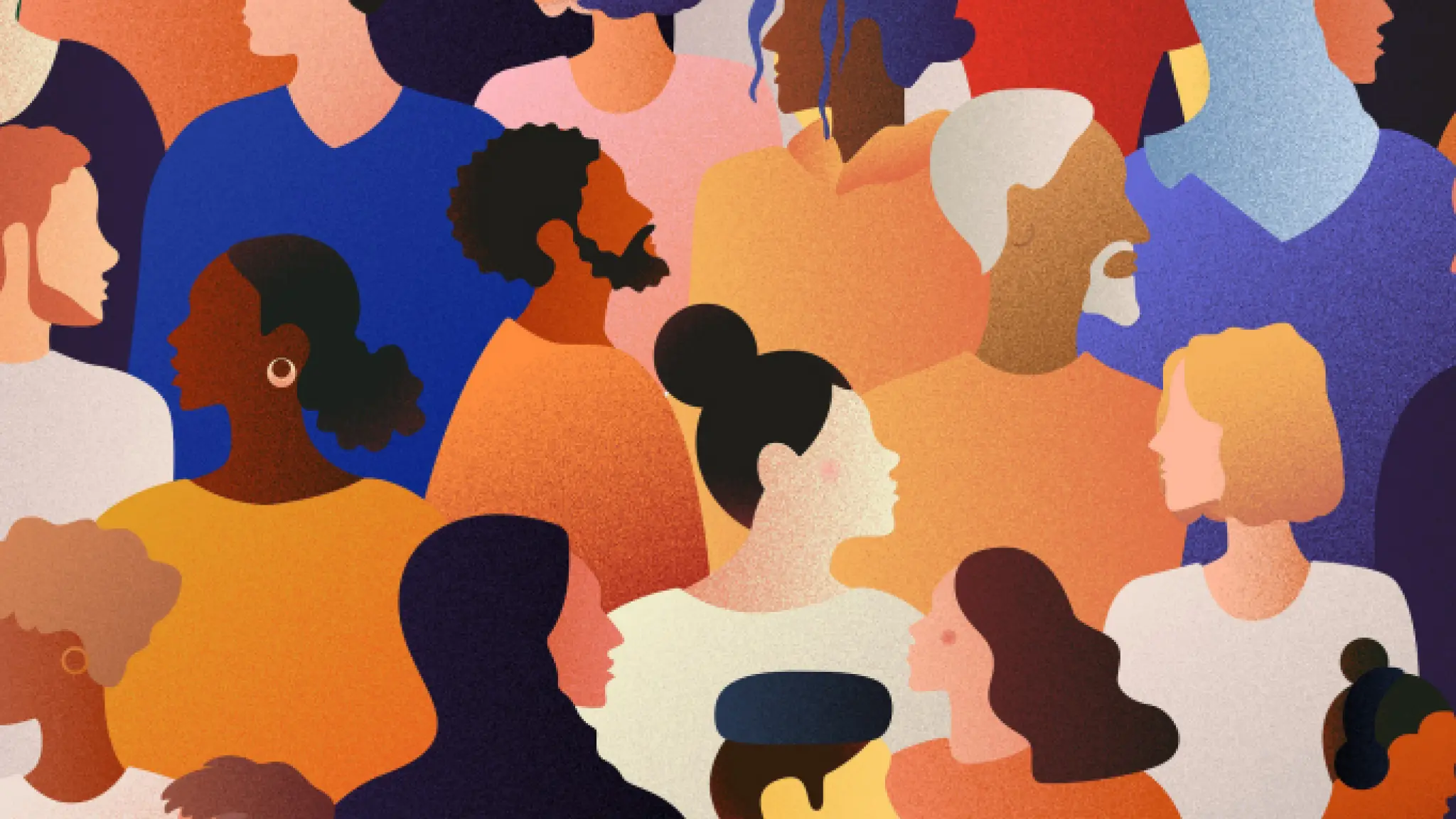 Illustratie van meerdere personen met verschillende huidskleuren en uiteenlopende haar- en kledingstijl. De personen kijken allemaal een andere kant op.