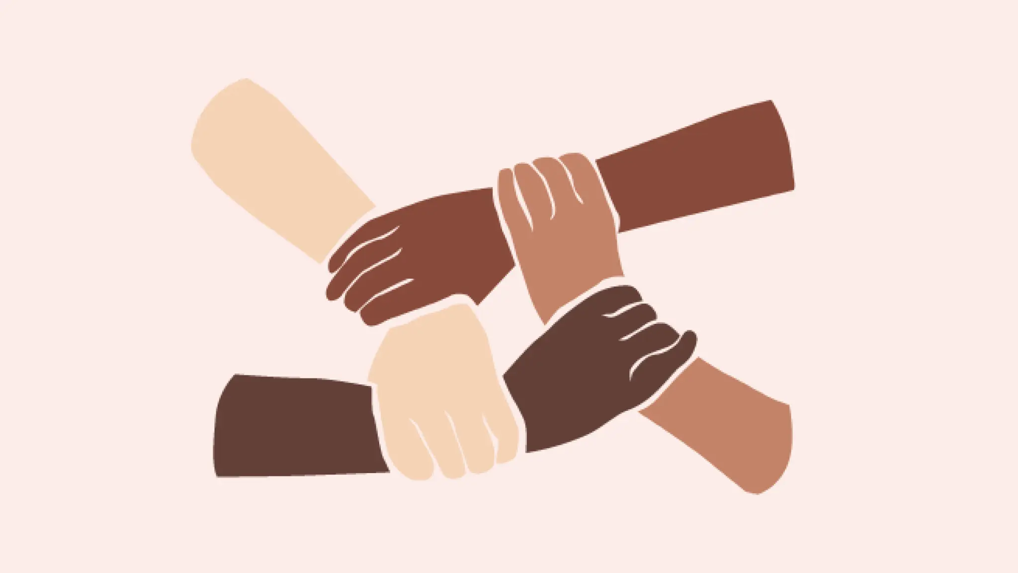 Vier handen met verschillende huidskleuren pakken de ander bij de pols vast en vormen zo een vierkant.