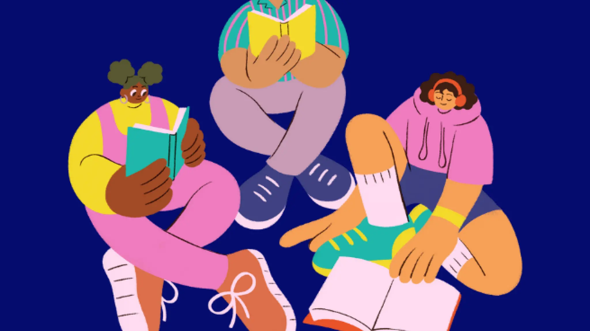 Illustratie van drie kinderen die een boek lezen