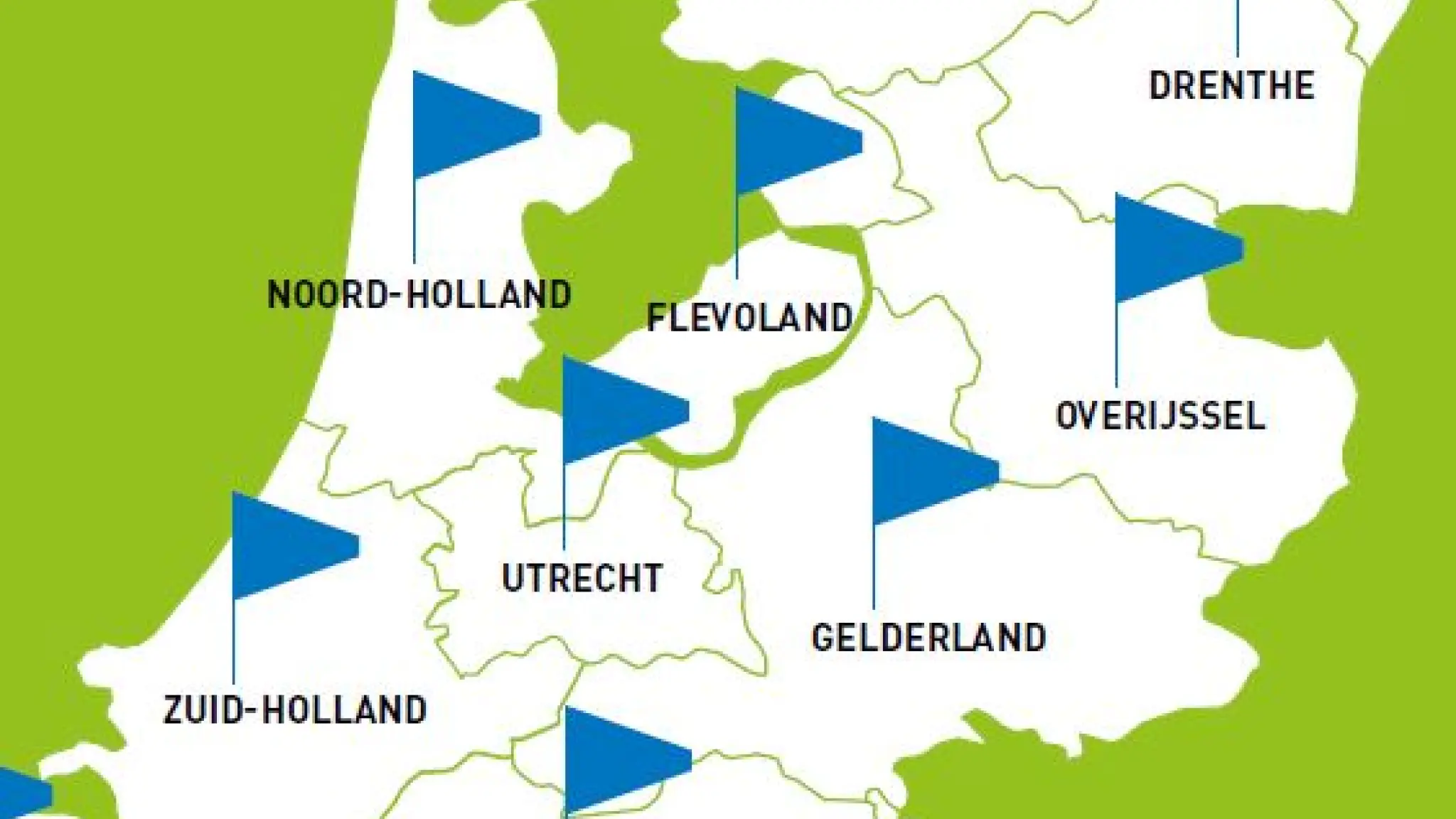 Landkaart van Nederland, waarbij er in elk van de 12 provincies een blauwe vlag geplant is.
