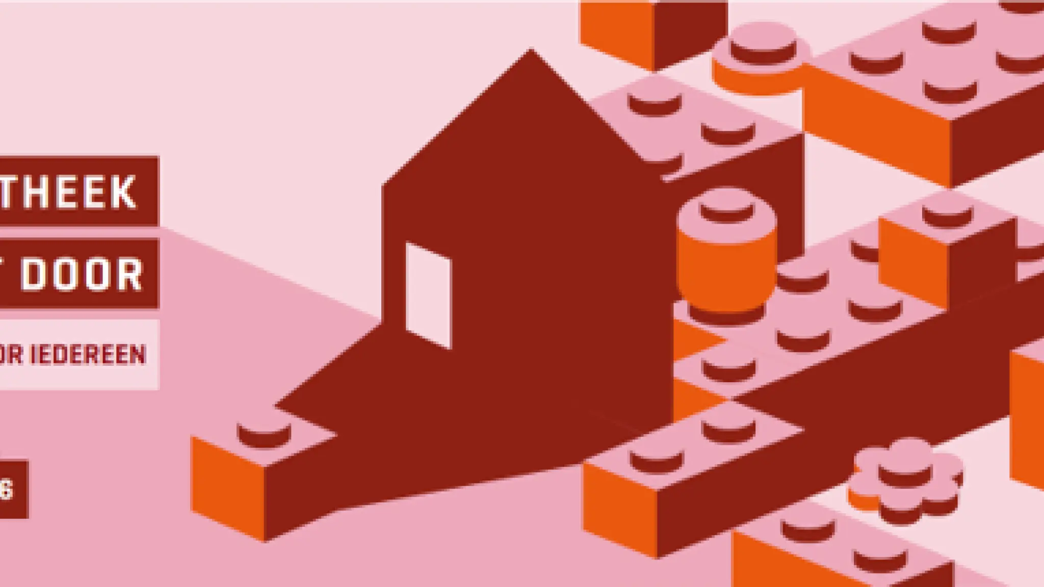 Een illustratie van rode en roze bouwstenen met de tekst “De Bibliotheek Bouwt Door – Een huis voor iedereen”