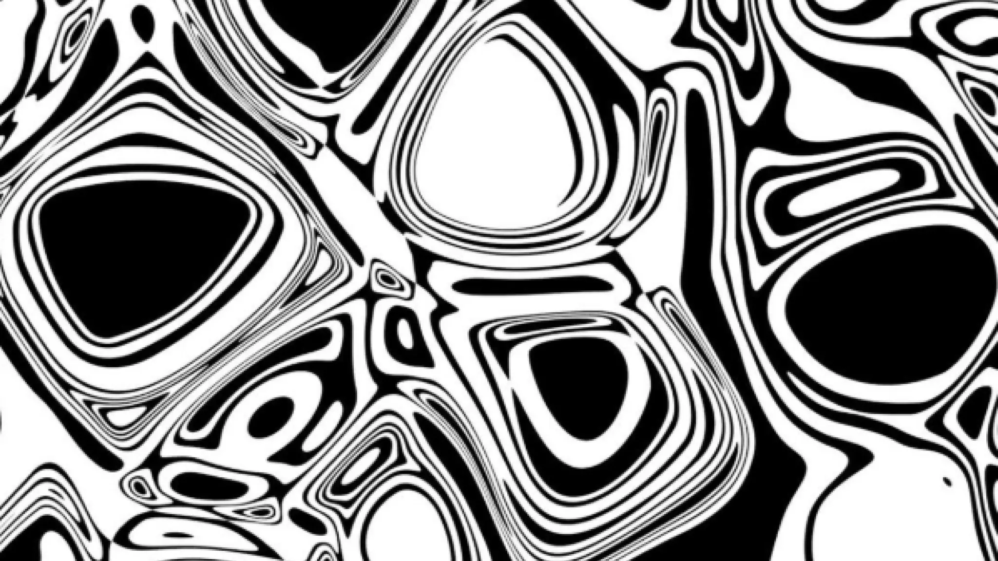 Zwart-wit abstract patroon met gebogen, golvende lijnen en organisch gevormde vlakken die elkaar overlappen en variëren in grootte. Het beeld geeft een optische illusie van beweging en diepte.