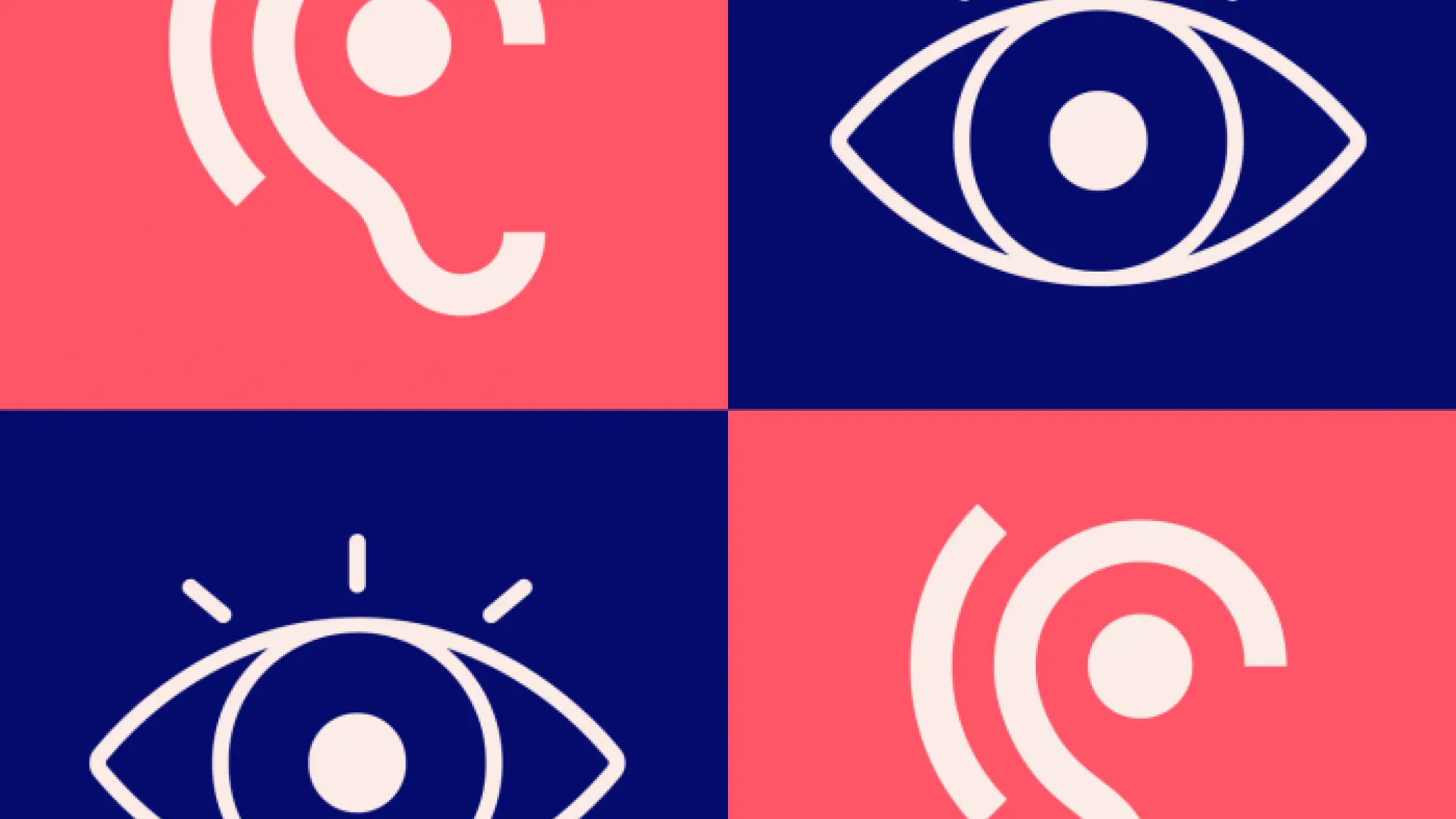In vier gekleurde velden is twee keer een pictogram van een oog afgebeeld en twee keer een pictogram van een oor.