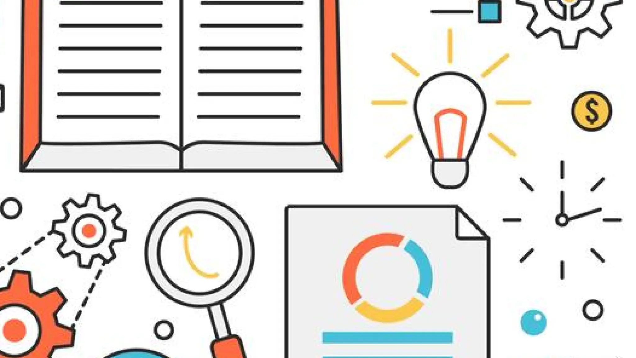 Een illustratie van een open boek, een document met grafiek, een gloeilamp, tandwielen, klok en vergrootglas, samen met verschillende symbolen voor creativiteit, leren en analyse.