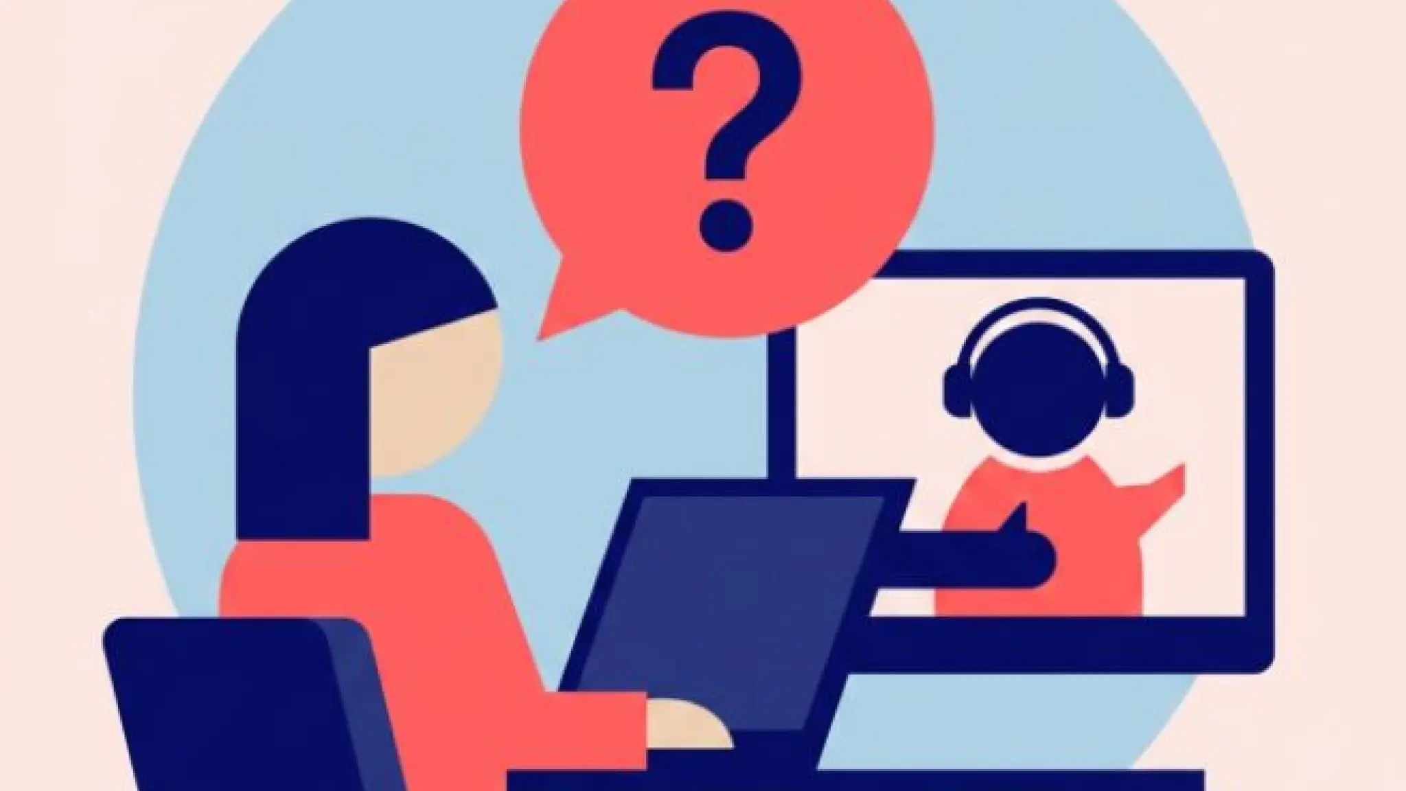 Persoon volgt een online gesprek of training via laptop en videobellen, met een vraagteken dat staat voor kennisdeling en interactie.
