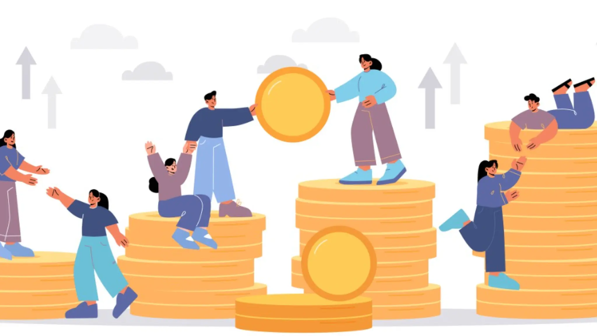 Illustratie van mensen die samenwerken en elkaar helpen bij het beklimmen van grote stapels munten, wat groei en financiële samenwerking symboliseert. Op de achtergrond zijn stijgende pijlen en wolken te zien.