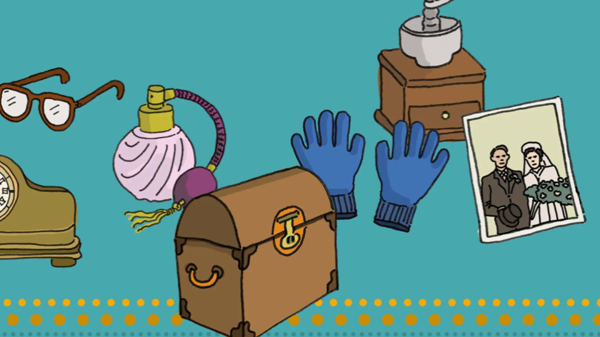 Illustratie van verschillende voorwerpen, waaronder een bril, parfumfles, handschoenen, schatkistje, klok, koffiemolen en een foto van een bruidspaar, op een blauwe achtergrond met gele stippenlijn.