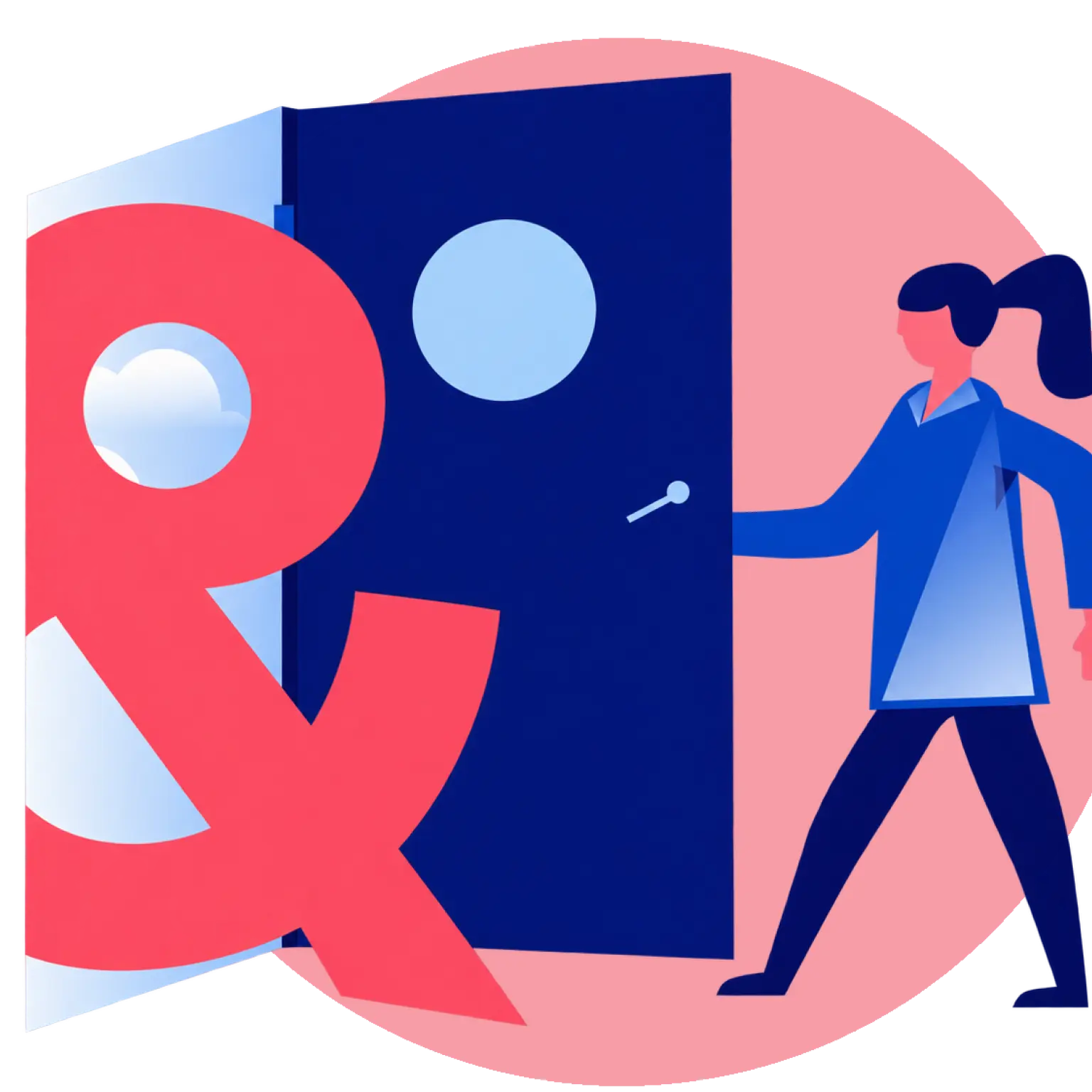 Illustratie van een persoon die een donkerblauwe deur opent. Voor de deur staat een groot roze ampersand.