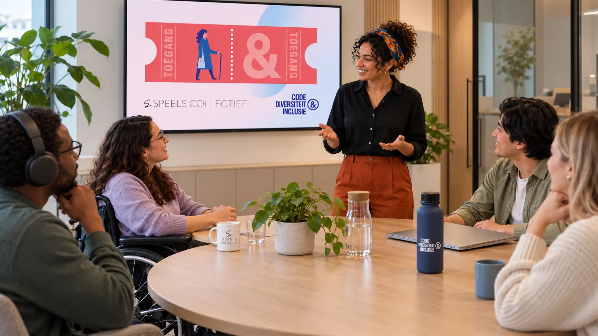 Een diverse groep mensen zit in een rustige kantoorruimte rond een tafel tijdens een bijeenkomst over toegankelijkheid. Een van de deelnemers gebruikt een rolstoel en een andere deelnemer draagt een koptelefoon. Op het scherm staan de logo’s van Speels Collectief en de Code Diversiteit & Inclusie.