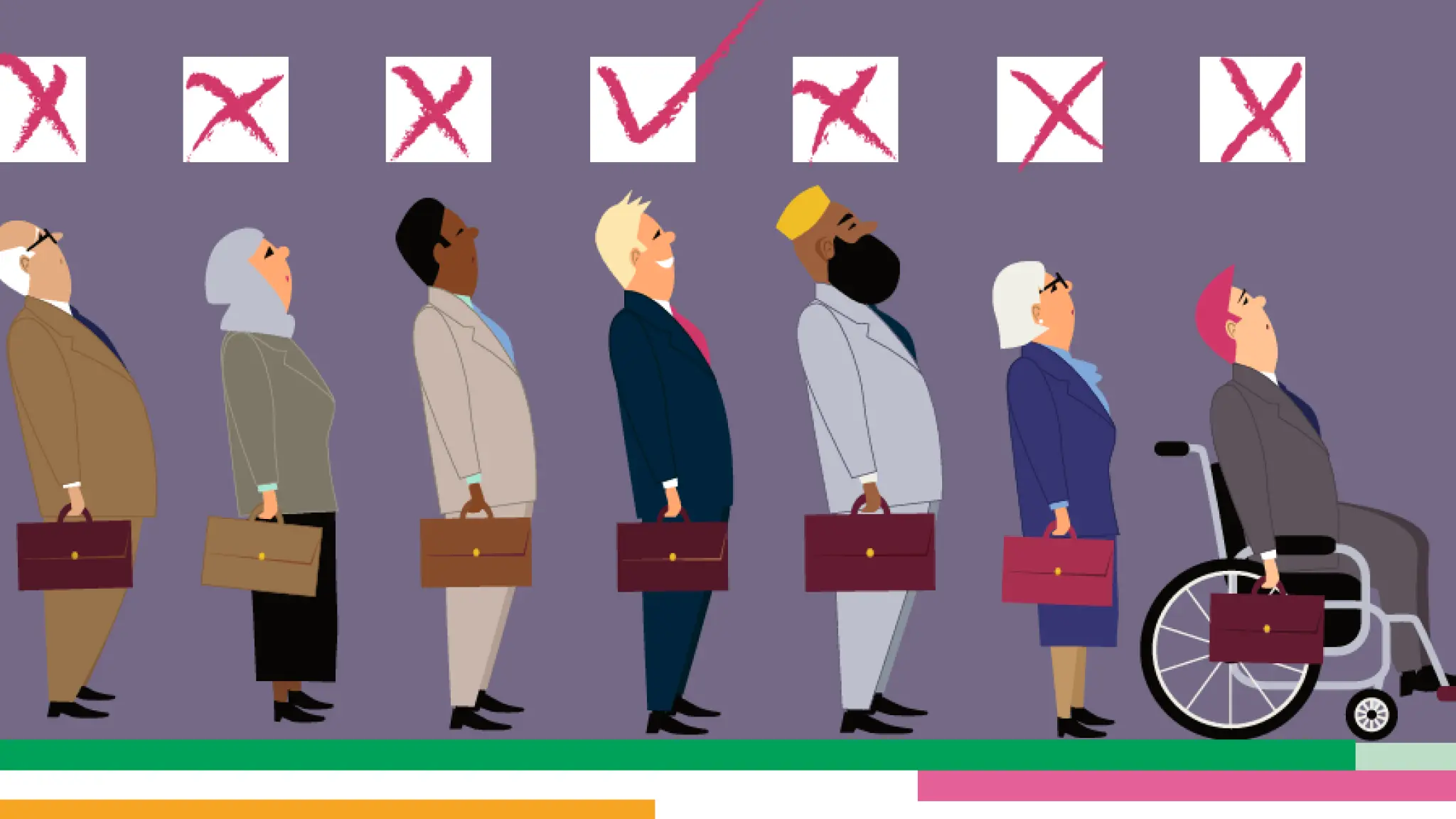 Illustratie van diverse sollicitanten; boven één persoon staat een vinkje en boven de anderen een kruis, als symbool voor discriminatie bij selectie.