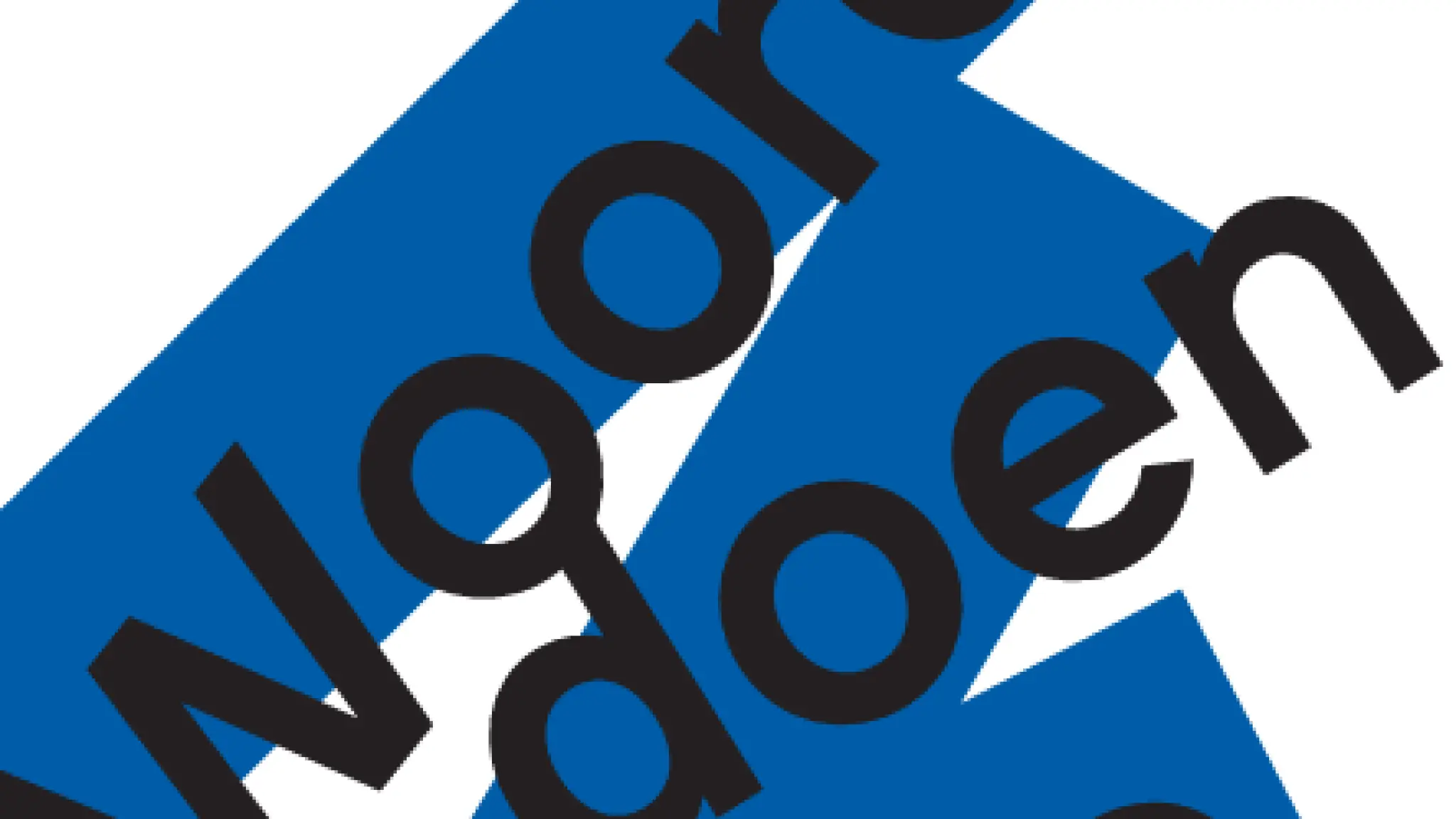 Zwarte tekst "Woorden doen ertoe" staat diagonaal over blauwe geometrische vormen op een witte achtergrond.